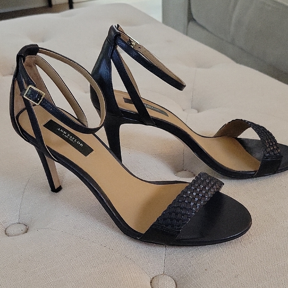 Ann Taylor Mylan Heel Sandal with Woven Front Strap and Ankle Strap